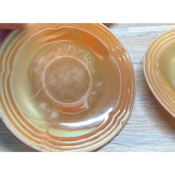 Vintage Fire King Iridescent 3 Bands Peach Lustre Saucers Lot of 4 - Picture 9 of 11